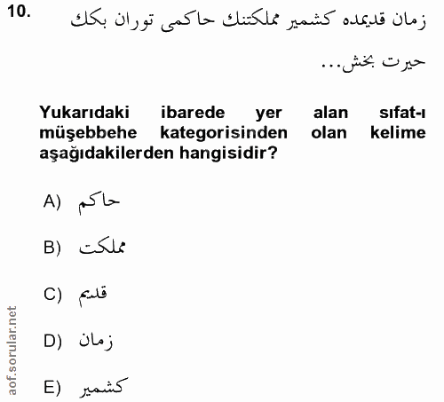 10. soru: زمان قديمده كشمير مملكتنك حاكمى توران بكك حيرت بخش... Yukarıdaki ibarede yer alan sifat-r müşebbehe kategorisinden ol…