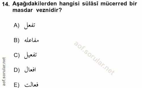 14. soru: Aşağıdakilerden hangisi sülâsî mücerred bir masdar veznidir? تفعل (A B) aclés تفعيل (C D) Jil E) cilei