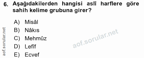 6. soru: Aşağıdakilerden hangisi asli harflere göre sahih kelime grubuna girer? A) Misâl B) Nâkis C) Mehmûz D) Lefif E) Ecvef
