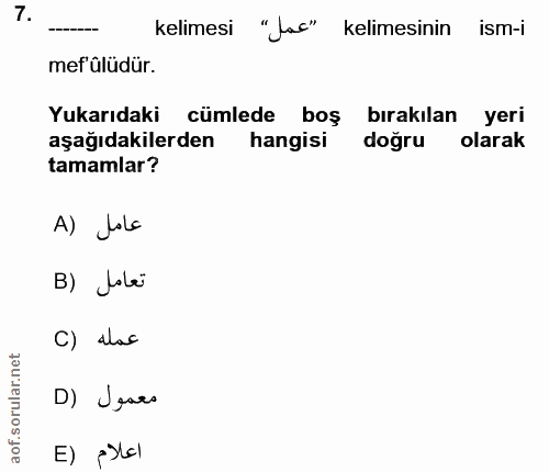 7. soru: kelimesi "Jac" kelimesinin ism-i mef'ülüdür. Yukarıdaki cümlede boş bırakılan yeri aşağıdakilerden hangisi dogru olar…