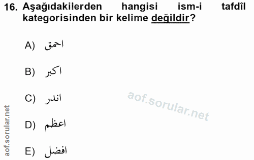 16. soru: Aşağıdakilerden hangisi ism-i tafdil kategorisinden bir kelime değildir? A) jol B) „51 C) „lil D) Atesl E) disil