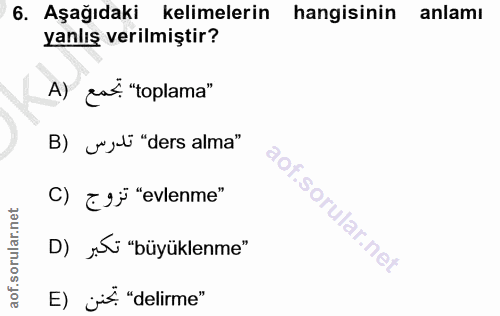 6. soru: Aşağıdaki kelimelerin hangisinin anlamı yanlış verilmiştir? A) gat. "toplama" B) uyli "ders alma" ( sevlerme" D) șíi…