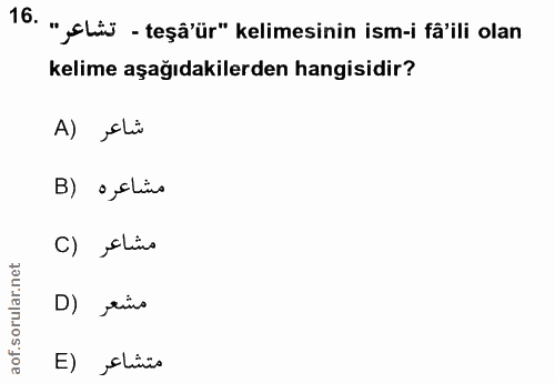 16. soru: " sLü - teşä'ür" kelimesinin ism-i fa'ili olan kelime aşağıdakilerden hangisidir? A) ,chü B) o,clins C) ,chio D) reio…