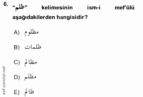 6. soru: "ظلم» .6 kelimesinin ism-i mef ûlü aşağıdakilerden hangisidir? A) Felbo B) ülalb c) Ales D) piltes E) Alb