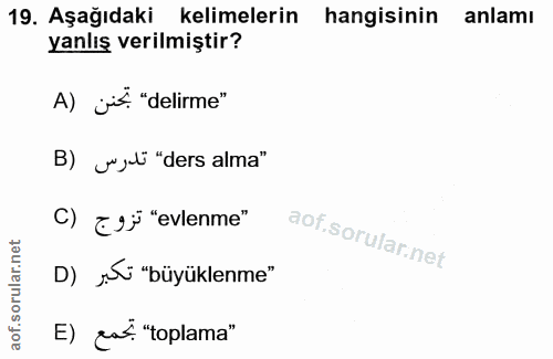 19. soru: Aşağıdaki kelimelerin hangisinin anlamı yanlış verilmiştir? A) jif. "delirme" B) vusli "ders alma" C) E9F "evlenme" D…