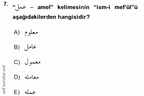 7. soru: "Jar -amel" kelimesinin "ism-i merülü aşağıdakilerden hangisidir? A) estas B) Lola C) Jaro D) alsles E) alac