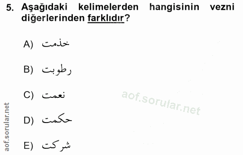 5. soru: Aşağıdaki kelimelerden hangisinin vezni diğerlerinden farklıdır? A) cala رطوبت (B C) Gisei D) cata E) eS jii