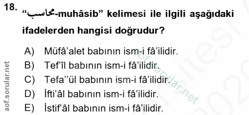 18. soru: "Lwl-muhâsib" kelimesi ile ilgili aşağıdaki ifadelerden hangisi doğrudur? A) Müfâ'alet babının ism-i fâ'ilidir. B) Te…