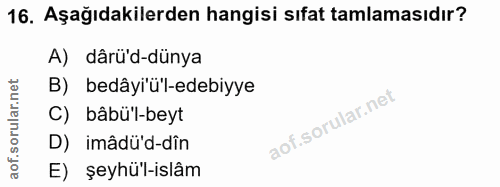 16. soru: Aşağıdakilerden hangisi sıfat tamlamasıdır? A) dârü'd-dünya B) bedâyiü'l-edebiyye C) bâbü'-beyt D) imâdü'd-dîn E) şey…