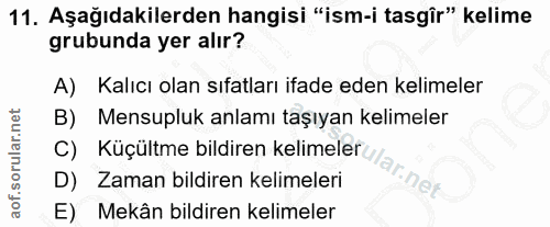 11. soru: Aşağıdakilerden hangisi "ism-i tasgir" kelime grubunda yer alır? A) Kalıcı olan sıfatları ifade eden kelimeler Mensup…