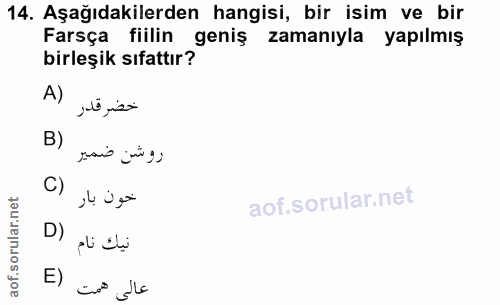 14. soru: Aşağıdakilerden hangisi, bir isim ve bir Farsça fiilin geniş zamanıyla yapılmış birleşik sıfattır? A) خضر قدر B) روشن…