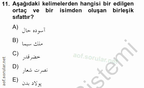 11. soru: Aşağıdaki kelimelerden hangisi bir edilgen ortaç ve bir isimden oluşan birleşik sifattır? A) Ja os gul B) Laur alle C…
