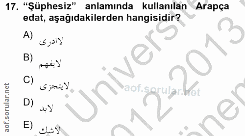 17. soru: "Şüphesiz" anlaminda kullanılan Arapça edat, aşağıdakilerden hangisidir? A) لا ادرى B) لا يفهم Univers C) Spaüy D) E)…