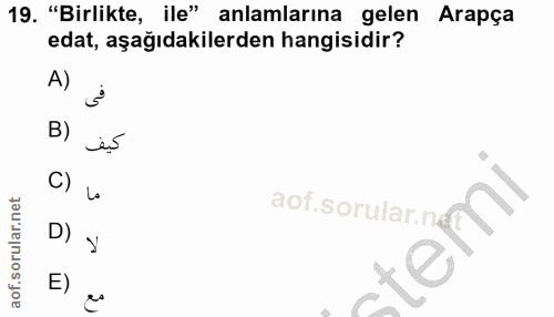 19. soru: "Birlikte, ile" anlamlarına gelen Arapça edat, aşağıdakilerden hangisidir? A) B) i5 C) Lo aof sorular.ni D) temi E)