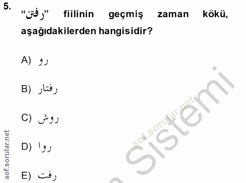 5. soru: "j9" fiilinin geçmiş zaman kökü, aşağıdakilerden hangisidir? A) 9› B) lis , Sistemi روش (C D) 'g) رفت (E