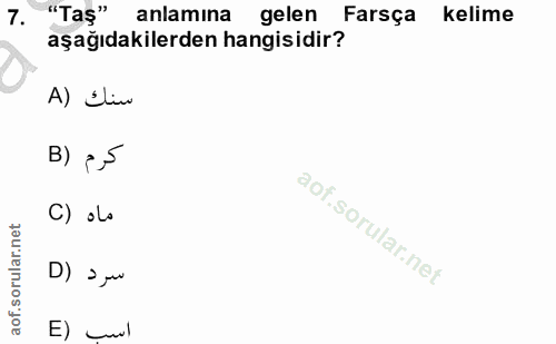 7. soru: "Tas" anlamına gelen Farsça kelime aşağıdakilerden hangisidir? A) Ilin B) (5 C) oLs سرد (D E) cul