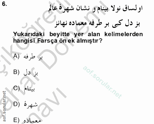 6. soru: اولساق نولا بينام ونشان شهرة عالم بز دل كبى بر طرفه معماده نهانز Yukarıdaki beyitte yer alan kelimelerden hangisi Far…