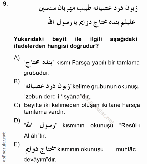 9. soru: Yukarıdaki beyit ile ilgili aşağıdaki ifadelerden hangisi doğrudur? A) "Elis ali" kısmı Farsça yapılı bir tamlama gru…