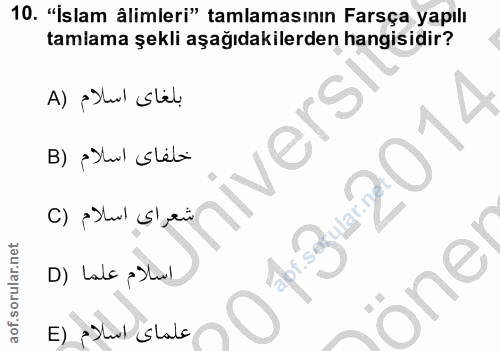 10. soru: "İslam âlimleri" tamlamasının Farsça yapılı tamlama şekli aşağıdakilerden hangisidir? A) PHtul Stil. nivers B) ¿lul S…