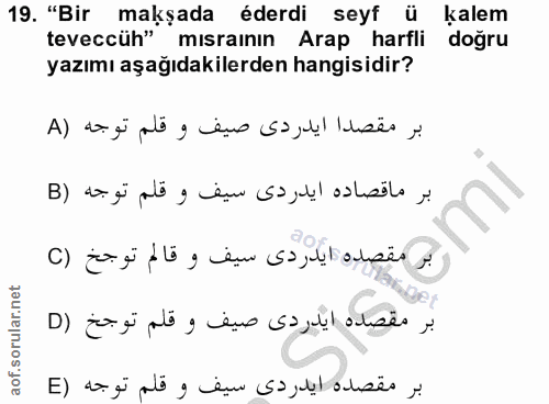 19. soru: "Bir makşada éderdi seyf ü kalem teveccüh" mısrainın Arap harfli doğru yazımı aşağıdakilerden hangisidir?