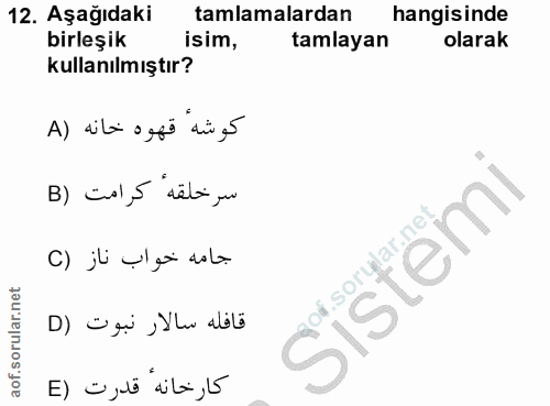 12. soru: Aşağıdaki tamlamalardan hangisinde birleşik isim, tamlayan olarak kullanılmıştır? كوشه قهوه خانه (A سر خلقه كرامت (B…