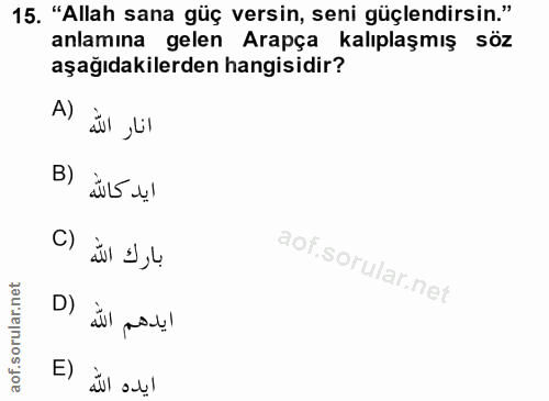 15. soru: "Allah sana güç versin, seni güçlendirsin." anlamına gelen Arapça kalıplaşmış söz aşağıdakilerden hangisidir? A) انار…