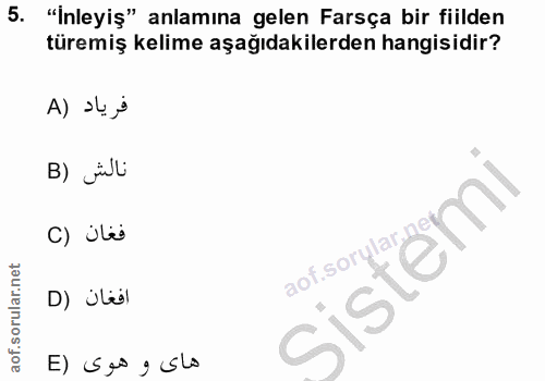 5. soru: "İnleyiş" anlamına gelen Farsça bir fiilden türemiş kelime aşağıdakilerden hangisidir? B) jili C) ile Sistemi l aof.s…