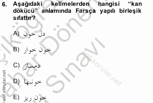 6. soru: Aşağıdaki kelimelerden hangisi "kan dökücü" anlamında Farsça yapılı birleşik sifattır? A) jei Jo خون خوار (B J C) Sin…