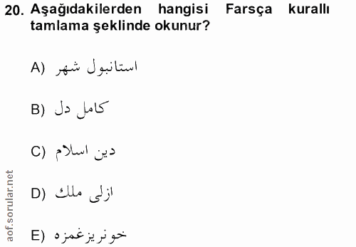 20. soru: Aşağıdakilerden hangisi Farsça kurallı tamlama şeklinde okunur? استانبول شهر (A B) Ja Lol5 دين اسلام (C D) Illa dj خو…