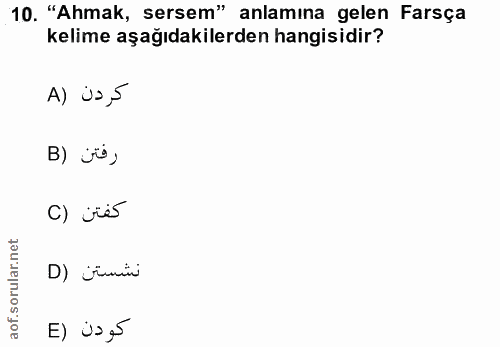 10. soru: "Ahmak, sersem" anlamına gelen Farsça kelime aşağıdakilerden hangisidir? A) js,5 رفتن (B C) siis D) ¿ümü كودن (E