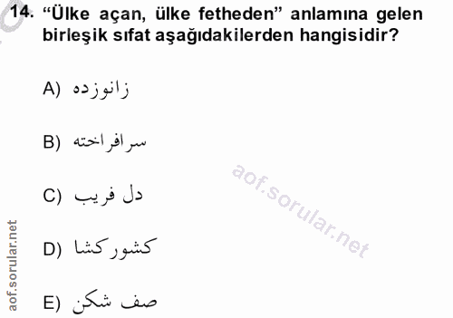 14. soru: "Ülke açan, ülke fetheden" anlamına gelen birleşik sıfat aşağıdakilerden hangisidir? زانوزده (A سر افراخته (B دل فريب…