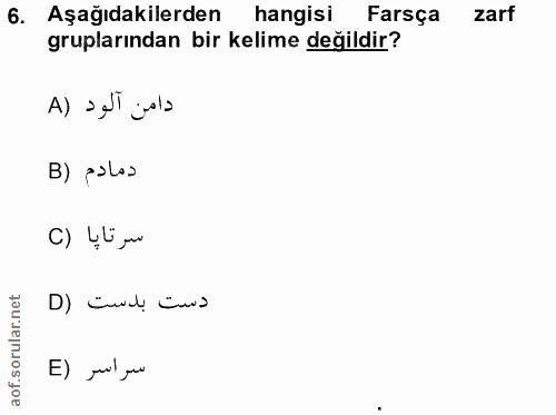 6. soru: Aşağıdakilerden hangisi Farsça zarf gruplarından bir kelime değildir? دامن الود (A B) palas سرتاپا (C D) Cul Cus E) p…
