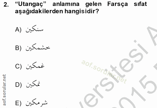 2. soru: "Utangaç" anlamına gelen Farsça sıfat aşağıdakilerden hangisidir? Al instin B) intanio C) istas D) isti ers شر مكين (E