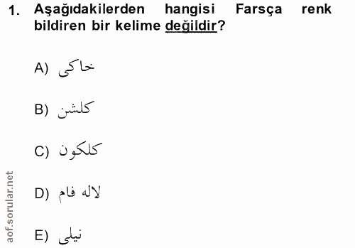 1. soru: Aşağıdakilerden hangisi Farsça renk bildiren bir kelime değildir? A) Sti B) juris كلكون (C D) plå «y E) di
