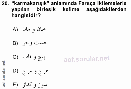 20. soru: "karmakarışık" anlamında Farsça ikilemelerle yapılan birleşik kelime aşağıdakilerden hangisidir? A) ülag üla B) g= д cu.