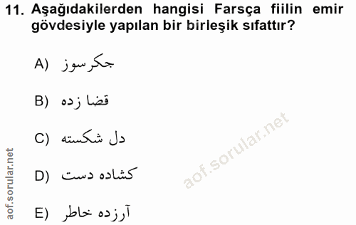 11. soru: Aşağıdakilerden hangisi Farsça fiilin emir gövdesiyle yapılan bir birleşik sıfattır? A) jou, to B) ∞> j Los C) dintio…