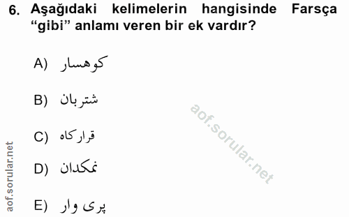 6. soru: Aşağıdaki kelimelerin hangisinde Farsça "gibi" anlamı veren bir ek vardır? A) ,uuo5 B) İl jüi C) «b ,l3 D) ÜlTi