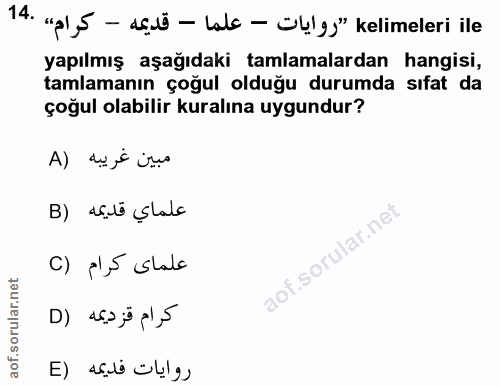 14. soru: "pl,5 - açiü - Lale - l!g" kelimeleri ile yapılmış aşağıdaki tamlamalardan hangisi, tamlamanın çoğul olduğu durumda s…