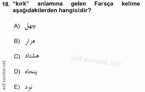 18. soru: "kırk" anlamına gelen Farsça kelime aşağıdakilerden hangisidir? A) J6= B) ›'jo C) stino D) ori