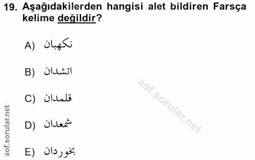 19. soru: Aşağıdakilerden hangisi alet bildiren Farsça kelime değildir? A) ¿lgTi B) İldüül C) İlabi D) Üler" بخوردان (E