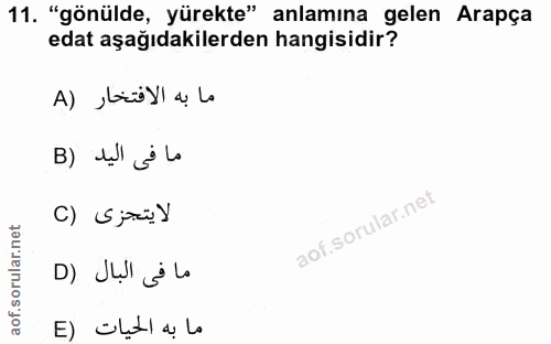 11. soru: "gönülde, yürekte" anlamına gelen Arapça edat aşağıdakilerden hangisidir? ما به الافتخار (A ما فى اليد (B C) Spaüy ما…