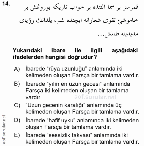 14. soru: قمر سز بر سما التنده بر خواب تاريكه بورونمش بر خامو شئ تقوى شعارانه ايجنده شب يلدانك رؤياى مديدينه طالمش... Yukarıdak…