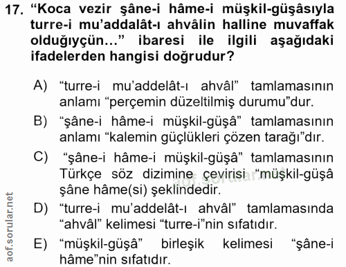17. soru: "Koca vezir şâne-i hâme-i müşkil-güşâsıyla turre-i mu'addalât-ı ahvâlin halline muvaffak olduğıyçün..." ibaresi ile i…