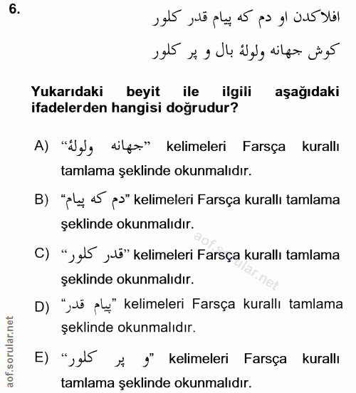 6. soru: Yukarıdaki beyit ile ilgili aşağıdaki ifadelerden hangisi doğrudur? A) "Igg dilfe" kelimeleri Farsça kurallı tamlama…
