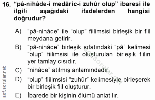 16. soru: "pâ-nihâde-i medâric-i zuhûr olup" ibaresi ile ilgili aşağıdaki ifadelerden hangisi doğrudur? A) "pâ-nihâde" ile "olu…