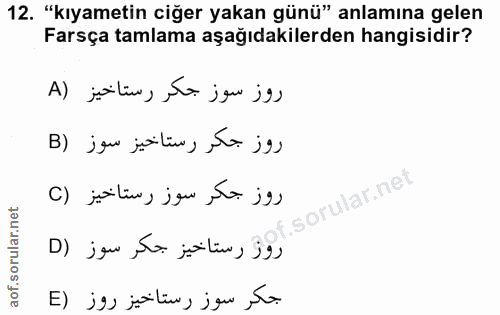 12. soru: "kıyametin ciğer yakan günü" anlamına gelen Farsça tamlama aşağıdakilerden hangisidir? , ję› روز جكر رستاخيز سوز (B j…
