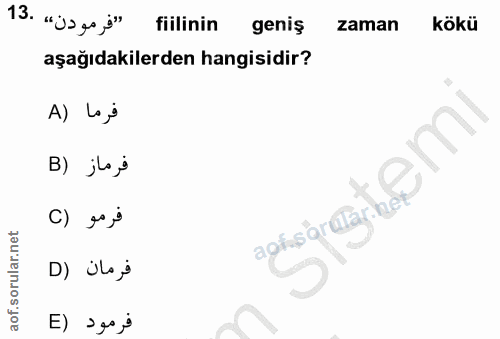 13. soru: "'ja go ,i" fiilinin geniş zaman kökü aşağıdakilerden hangisidir? A) Lo ,i فرماز (B ahsär tarke C) 20 ,9 D) Üls i فرم…