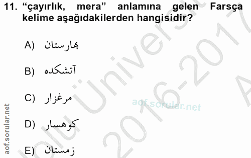 11. soru: "çayırlık, mera" anlamına gelen Farsça kelime aşağıdakilerden hangisidir? A) Üliw, Lo Unive C) ,'is. agisdha ar.net ك…