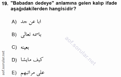 19. soru: "Babadan dedeye" anlamına gelen kalıp ifade aşağıdakilerden hangisidir? A) ta jo bı B) Slei asl C) sie i D) Ligl ëş E…