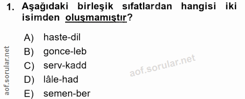 1. soru: Aşağıdaki birleşik sıfatlardan hangisi iki isimden oluşmamıştır? A) haste-dil B) gonce-leb C) serv-kadd D) lâle-had E…